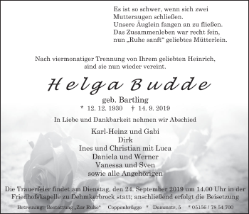 Traueranzeige von Helga Budde von Deister- und Weserzeitung
