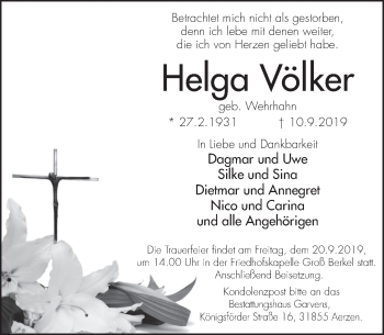 Traueranzeige von Helga Völker von Deister- und Weserzeitung