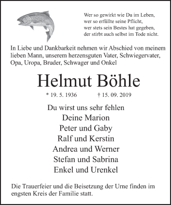Traueranzeige von Helmut Böhle von Deister- und Weserzeitung