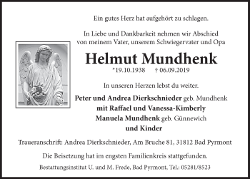Traueranzeige von Helmut Mundhenk von Deister- und Weserzeitung