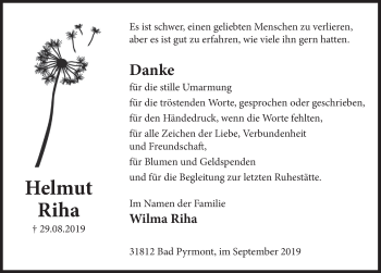 Traueranzeige von Helmut Riha von Deister- und Weserzeitung