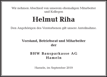 Traueranzeige von Helmut Riha von Deister- und Weserzeitung