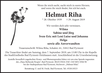 Traueranzeige von Helmut Riha von Deister- und Weserzeitung