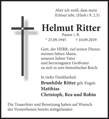 Traueranzeige von Helmut Ritter von Deister- und Weserzeitung