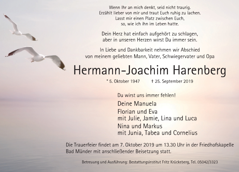  Traueranzeige für Hermann-Joachim Harenberg vom 28.09.2019 aus Neue Deister-Zeitung