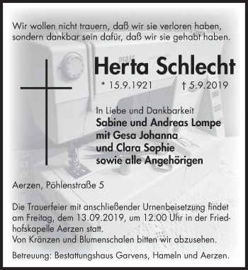 Traueranzeige von Herta Schlecht von Deister- und Weserzeitung