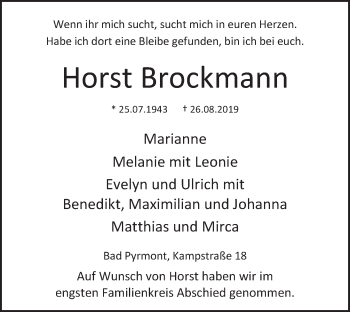 Traueranzeige von Horst Brockmann von Deister- und Weserzeitung
