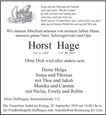 Traueranzeige von Horst Hage von Deister- und Weserzeitung