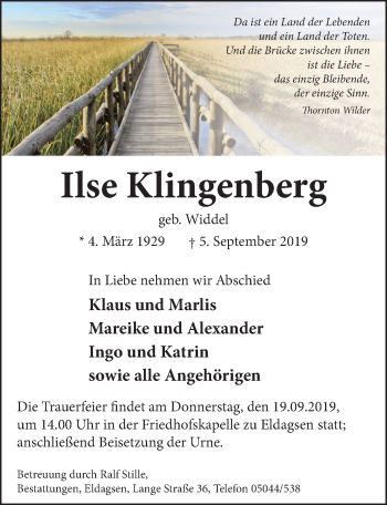 Traueranzeige von Ilse Klingenberg von Neue Deister-Zeitung
