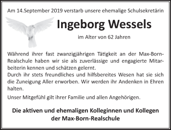 Traueranzeige von Ingeborg Wessels von Deister- und Weserzeitung