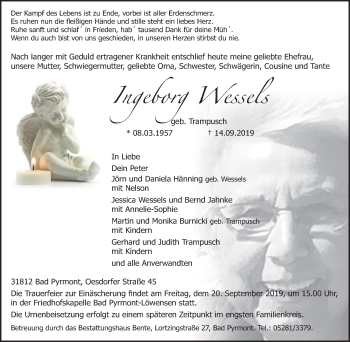 Traueranzeige von Ingeborg Wessels von Deister- und Weserzeitung