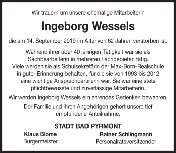 Traueranzeige von Ingeborg Wessels von Deister- und Weserzeitung