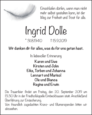Traueranzeige von Ingrid Dolle von Neue Deister-Zeitung