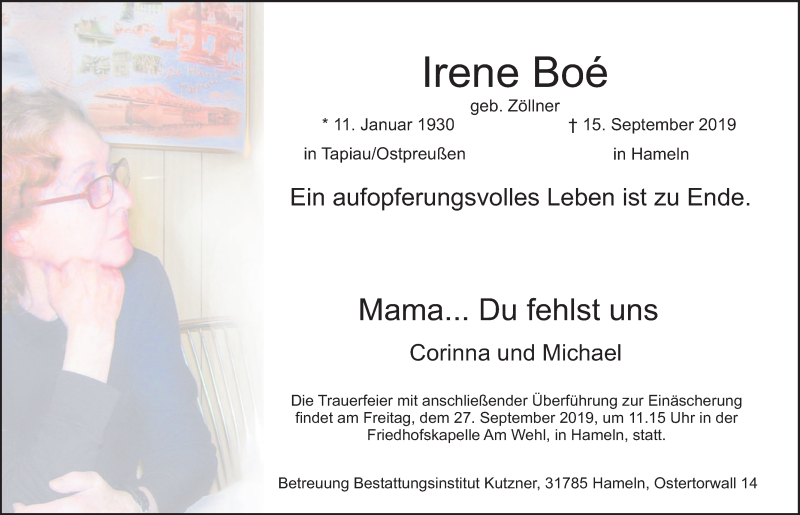  Traueranzeige für Irene Boe vom 21.09.2019 aus Deister- und Weserzeitung