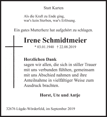 Traueranzeige von Irene Schmidtmeier von Deister- und Weserzeitung