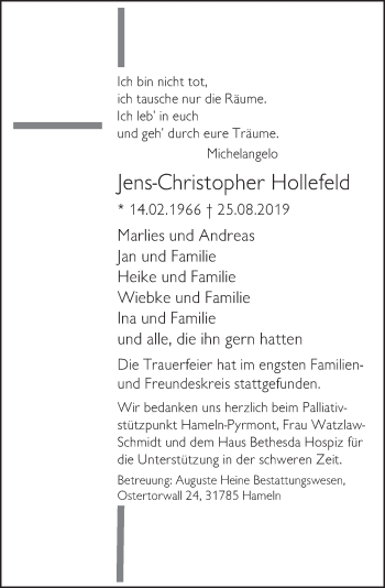 Traueranzeige von Jens-Christoph Hollefeld von Deister- und Weserzeitung