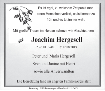 Traueranzeige von Joachim Hergesell von Deister- und Weserzeitung
