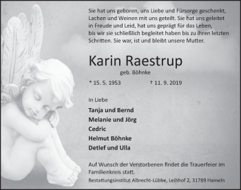 Traueranzeige von Karin Raestrup von Deister- und Weserzeitung