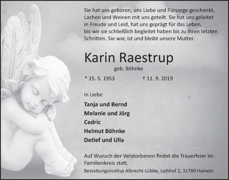  Traueranzeige für Karin Raestrup vom 14.09.2019 aus Deister- und Weserzeitung