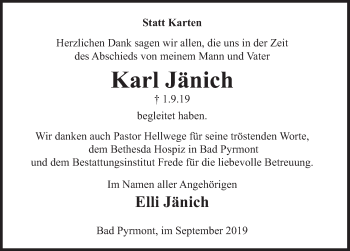 Traueranzeige von Karl Jänich von Deister- und Weserzeitung