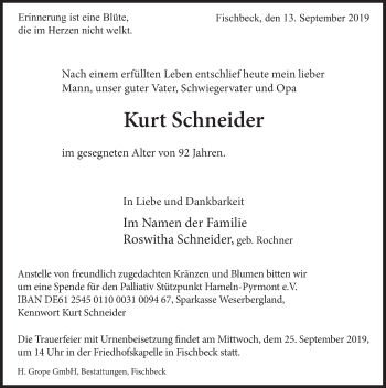 Traueranzeige von Kurt Schneider von Deister- und Weserzeitung