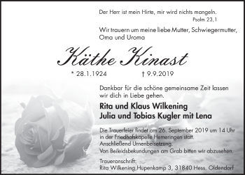 Traueranzeige von Käthe Kinast von Deister- und Weserzeitung