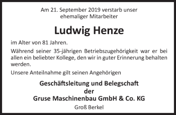 Traueranzeige von Ludwig Henze von Deister- und Weserzeitung