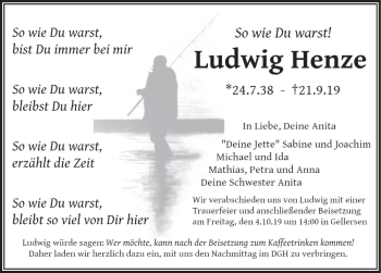 Traueranzeige von Ludwig Henze von Deister- und Weserzeitung