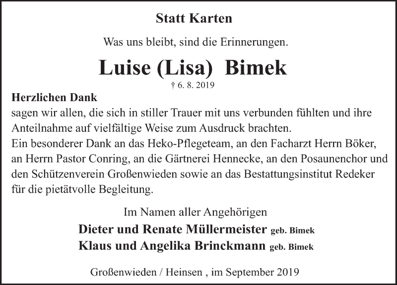  Traueranzeige für Luise Bimek vom 07.09.2019 aus Deister- und Weserzeitung