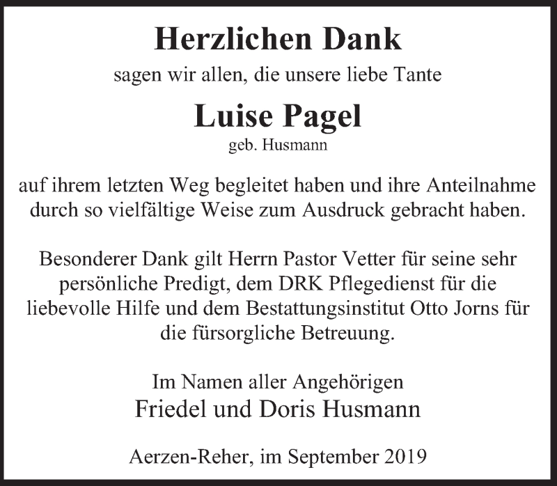  Traueranzeige für Luise Pagel vom 14.09.2019 aus Deister- und Weserzeitung