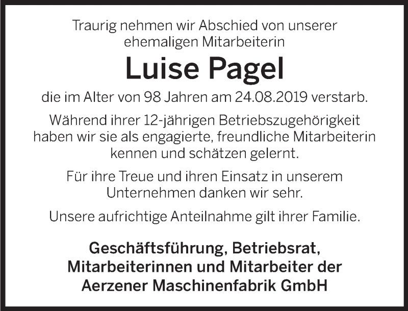  Traueranzeige für Luise Pagel vom 09.09.2019 aus Deister- und Weserzeitung