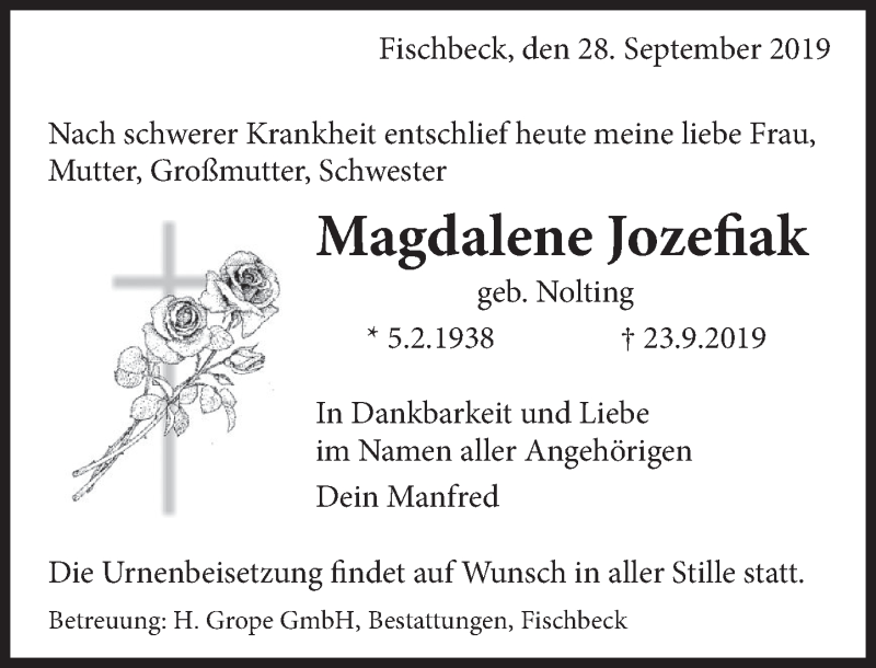  Traueranzeige für Magdalene Jozefiak vom 28.09.2019 aus Deister- und Weserzeitung