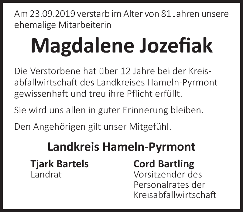 Traueranzeige für Magdalene Jozefiak vom 02.10.2019 aus Deister- und Weserzeitung