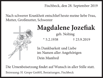 Traueranzeige von Magdalene Jozefiak von Deister- und Weserzeitung
