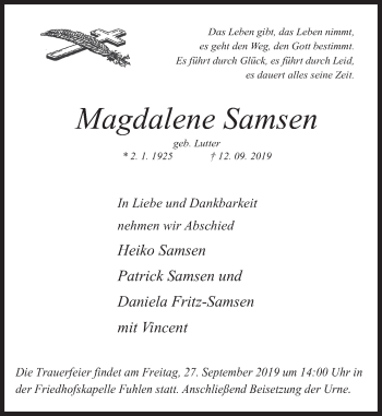 Traueranzeige von Magdalene Samsen von Deister- und Weserzeitung