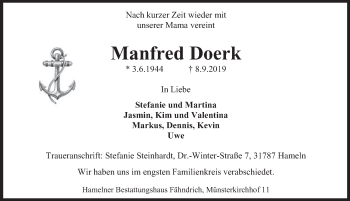 Traueranzeige von Manfred Doerk von Deister- und Weserzeitung