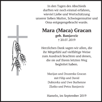 Traueranzeige von Mara Gracan von Deister- und Weserzeitung