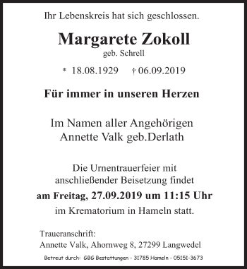 Traueranzeige von Margarete Zokoll von Deister- und Weserzeitung
