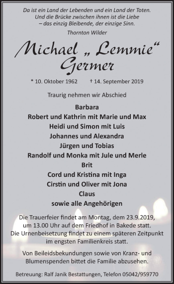 Traueranzeige von Michael Germer von Neue Deister-Zeitung