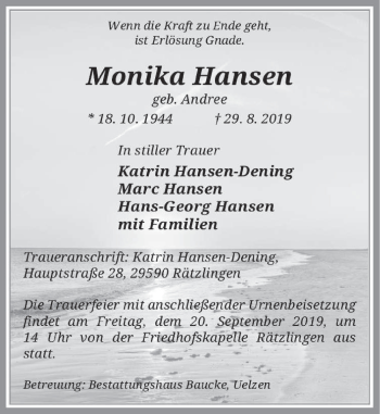 Traueranzeige von Monika Hansen von Deister- und Weserzeitung