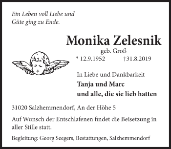 Traueranzeige von Monika Zelesnik von Deister- und Weserzeitung