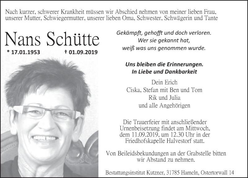  Traueranzeige für Nans Schütte vom 07.09.2019 aus Deister- und Weserzeitung
