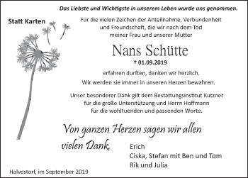 Traueranzeige von Nans Schütte von Deister- und Weserzeitung