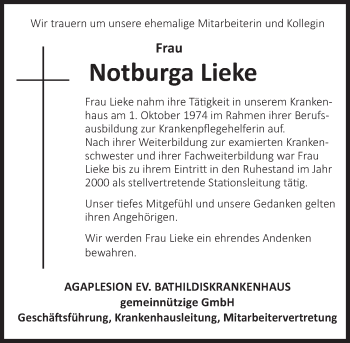 Traueranzeige von Notburga Lieke von Deister- und Weserzeitung