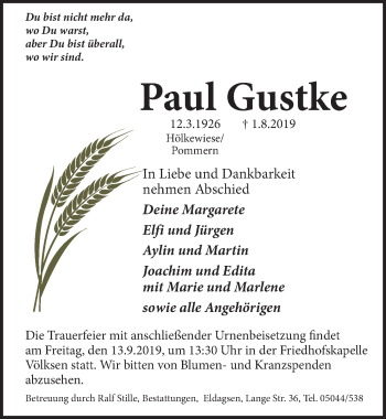 Traueranzeige von Paul Gustke von Neue Deister-Zeitung