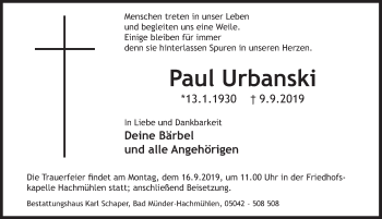 Traueranzeige von Paul Urbanski von Deister- und Weserzeitung