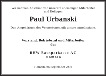 Traueranzeige von Paul Urbanski von Deister- und Weserzeitung