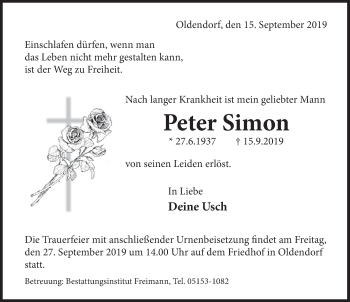 Traueranzeige von Peter Simon von Deister- und Weserzeitung
