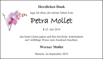 Traueranzeige von Petra Mollet von Deister- und Weserzeitung