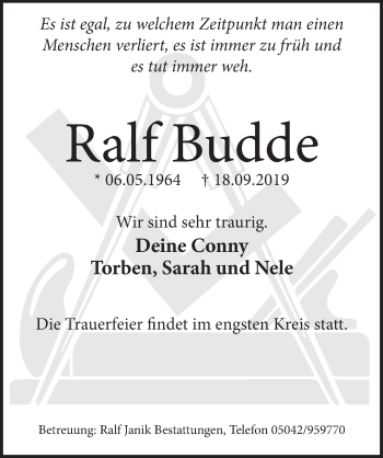Traueranzeige von Ralf Budde von Neue Deister-Zeitung